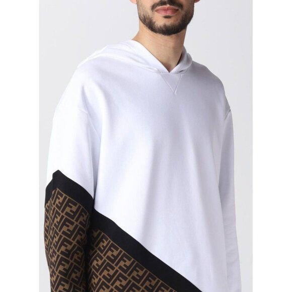 Fendi Men's White Monogram Insert Hoodie Sweatshirt Jersey White Brown Size S NW - Picture 1 of 14